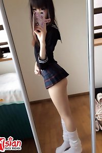 puny thin asian teen in lingerie doing selfies